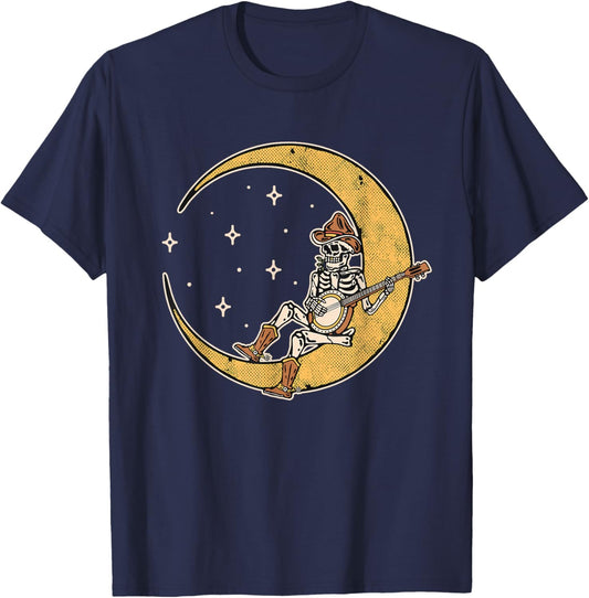 Skeleton Banjo Player Moon Country Music Cowboy Outlaw Funny T-Shirt - T-Shirt | Navy