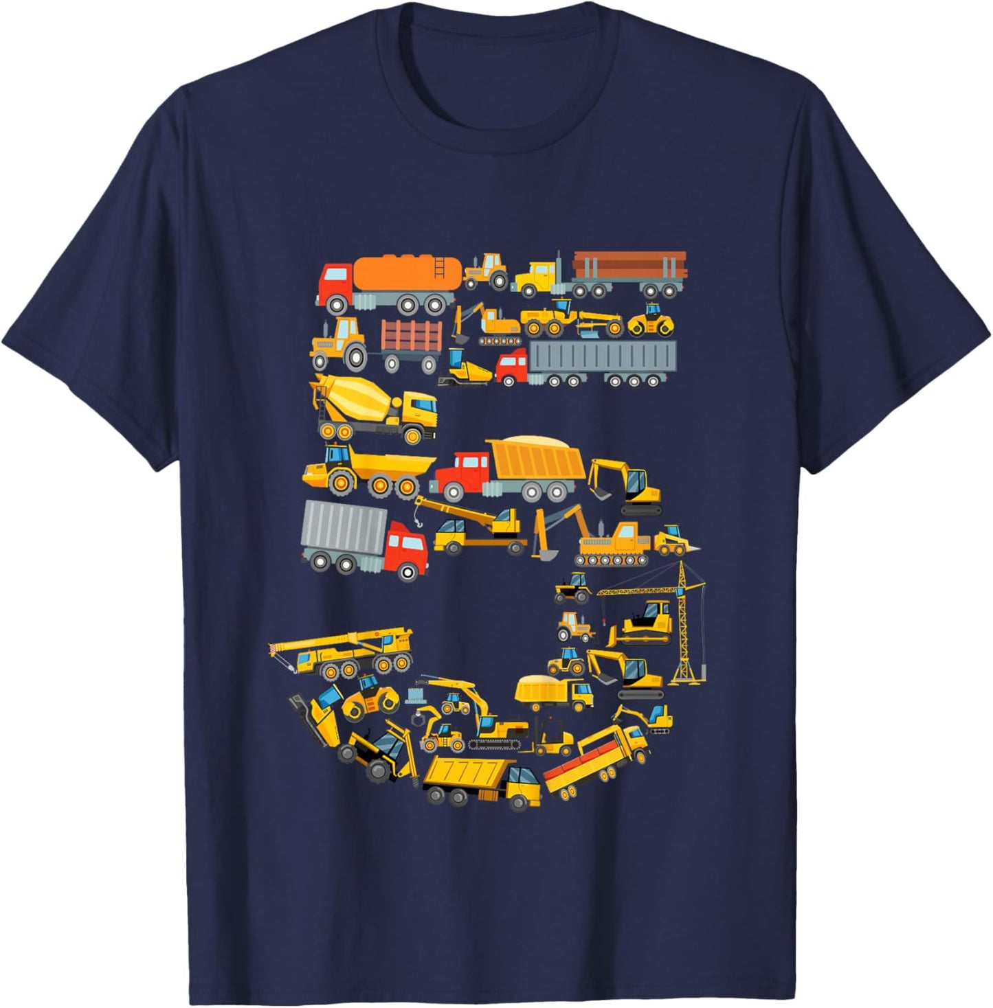 5th Birthday Boy Construction Excavator Vehicles 5 Years T-Shirt - T-Shirt | Navy