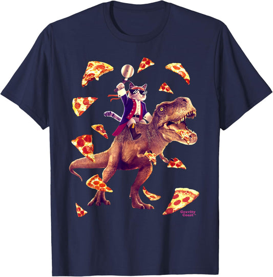 Samurai Cat Riding T Rex Eating Pizza Funny Dino for Kids T-Shirt - T-Shirt | Navy
