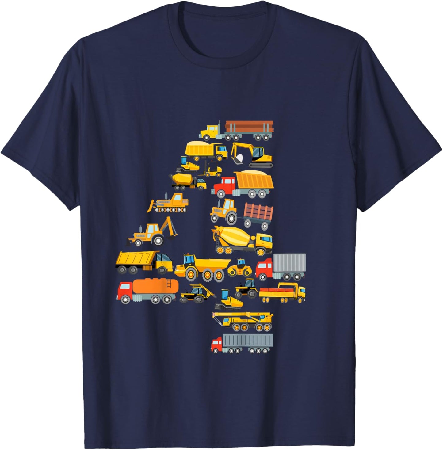 4th Birthday Boy Construction Excavator Vehicles 4 Years T-Shirt - T-Shirt | Navy
