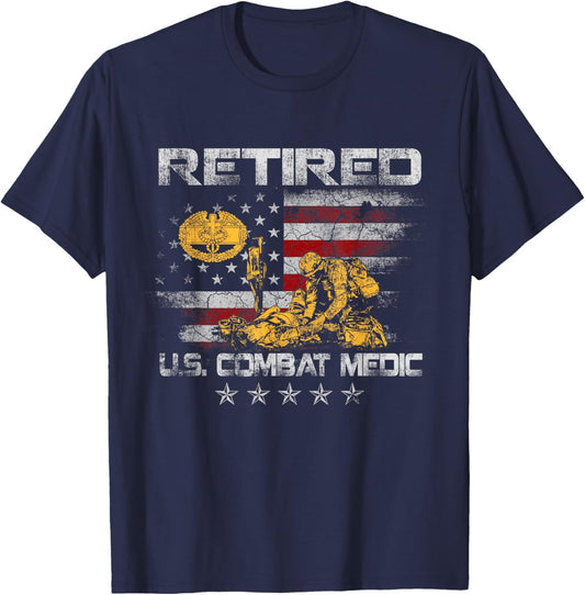 U.S Army Retired Combat Medic Veteran Medical Military Flag T-Shirt - T-Shirt | Navy