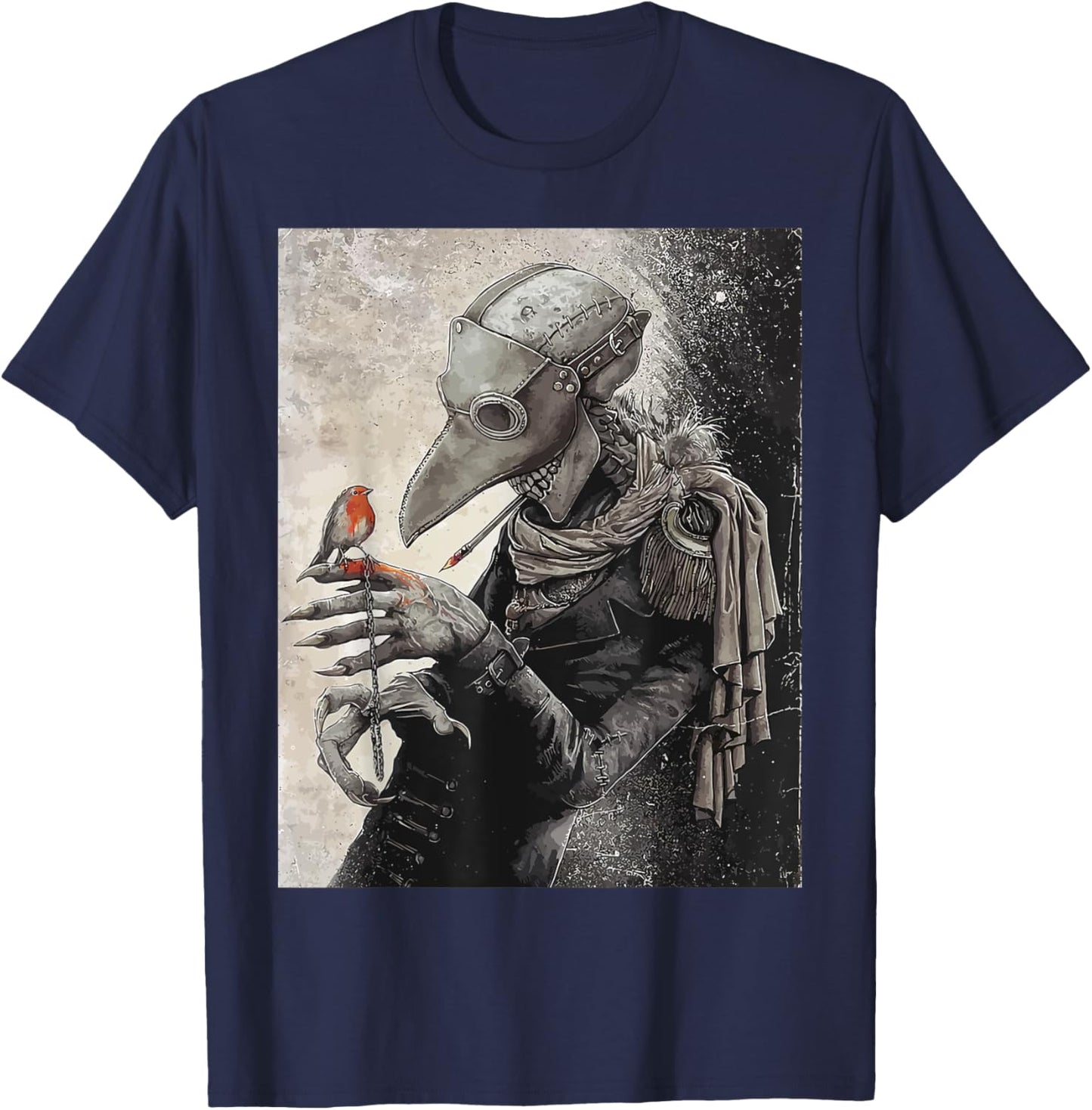 plague Doctor with little Bird Scary Grunge Goth Gothic T-Shirt - T-Shirt | Navy