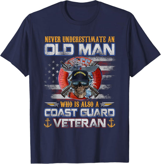 Never Underestimate an Old Man U.S Coast Guard Veteran Flag T-Shirt - T-Shirt | Navy