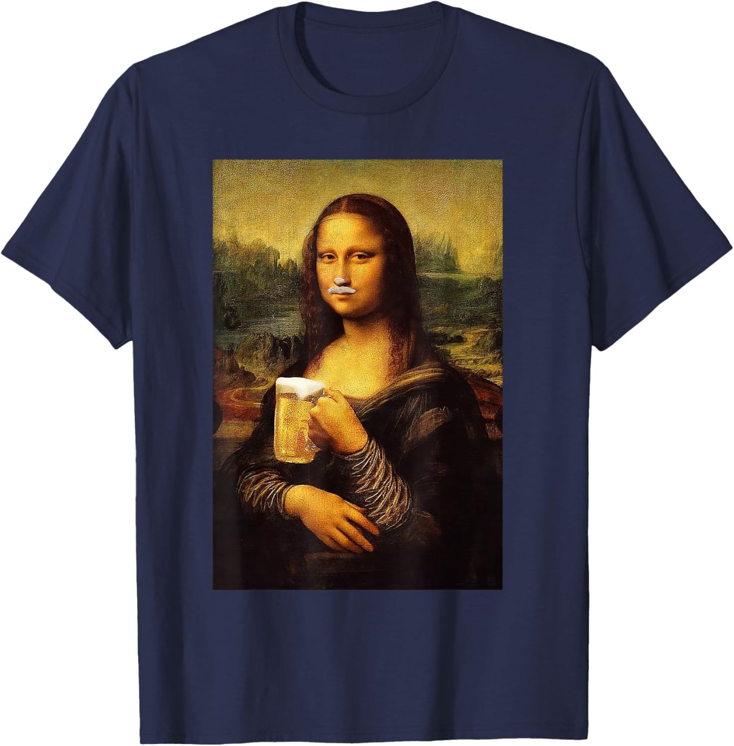 Funny Mona Lisa Drink Beer Shirt | Funny Drinking Beer Lover T-Shirt - T-Shirt | Navy