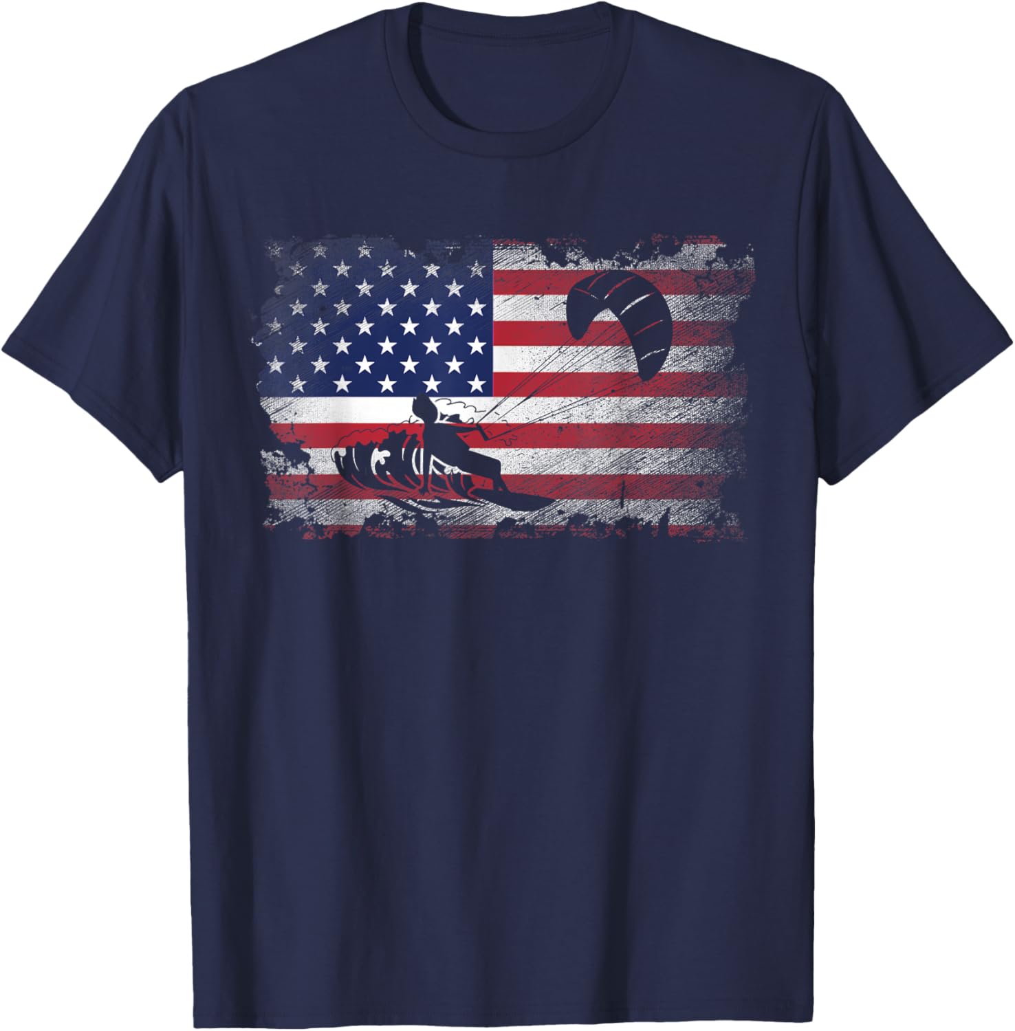 Distressed American Flag Kiteboarding USA Patriotic Gift Women Kids Men T-Shirt - T-Shirt | Navy
