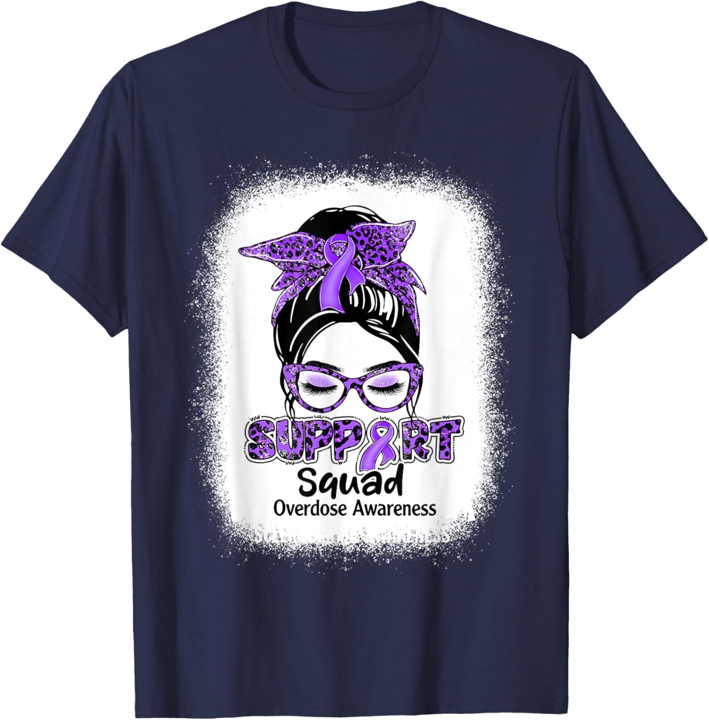 Support Squad Messy Bun Purple Ribbon Overdose Awareness T-Shirt - T-Shirt | Navy