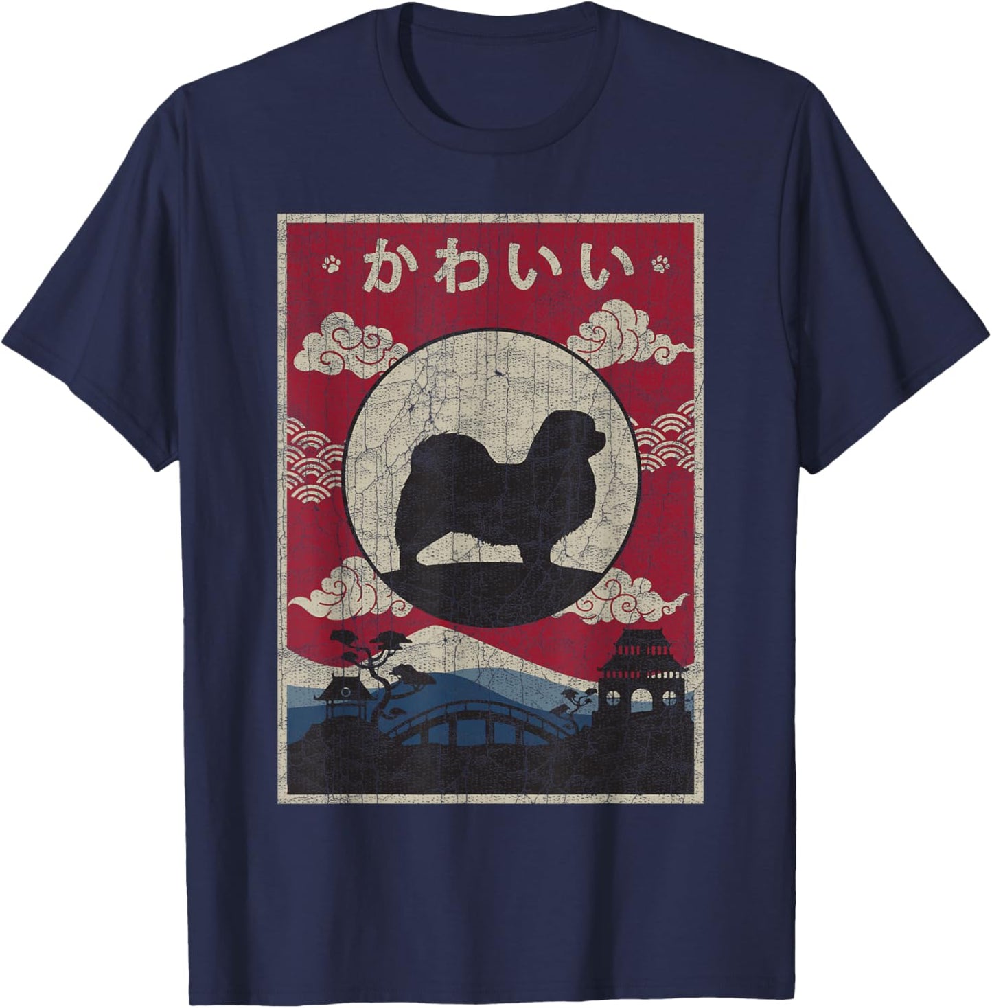 Tibetan Spaniel Japanese Design Kawaii Dog Mom Dad T-Shirt - T-Shirt | Navy