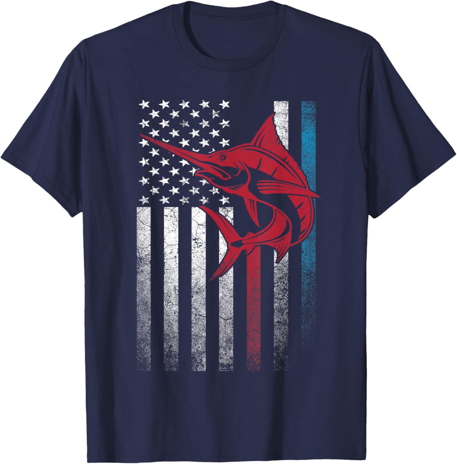 Marlin Fish Fishing 4th of July Shirt Gift American Flag T-Shirt - T-Shirt | Navy
