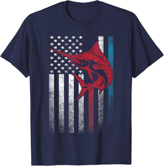 Marlin Fish Fishing 4th of July Shirt Gift American Flag T-Shirt - T-Shirt | Navy