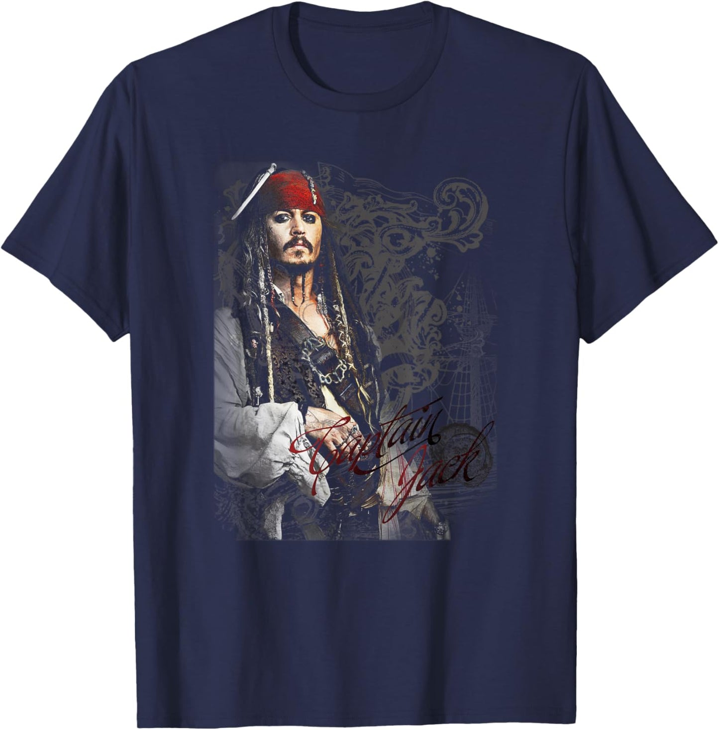 Disney Pirates of The Caribbean Captain Jack Ornate Poster T-Shirt - T-Shirt | Navy