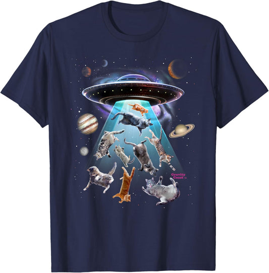 Aliens Abducting Cats Cat Kittens UFO Saucer Cat Lover Gifts T-Shirt - T-Shirt | Navy