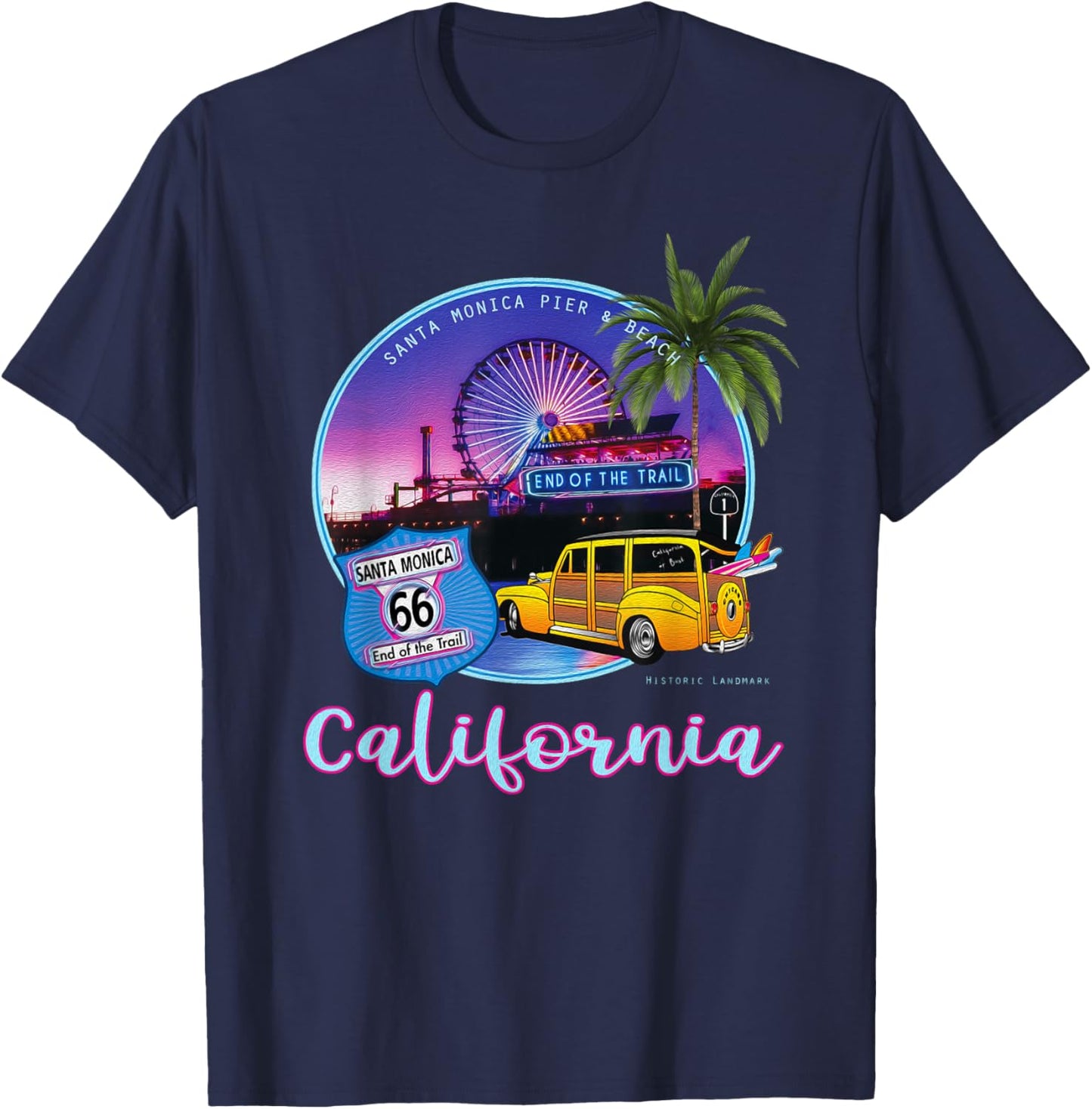 Santa Monica Pier California 66 End of The Trail Souvenir T-Shirt - T-Shirt | Navy