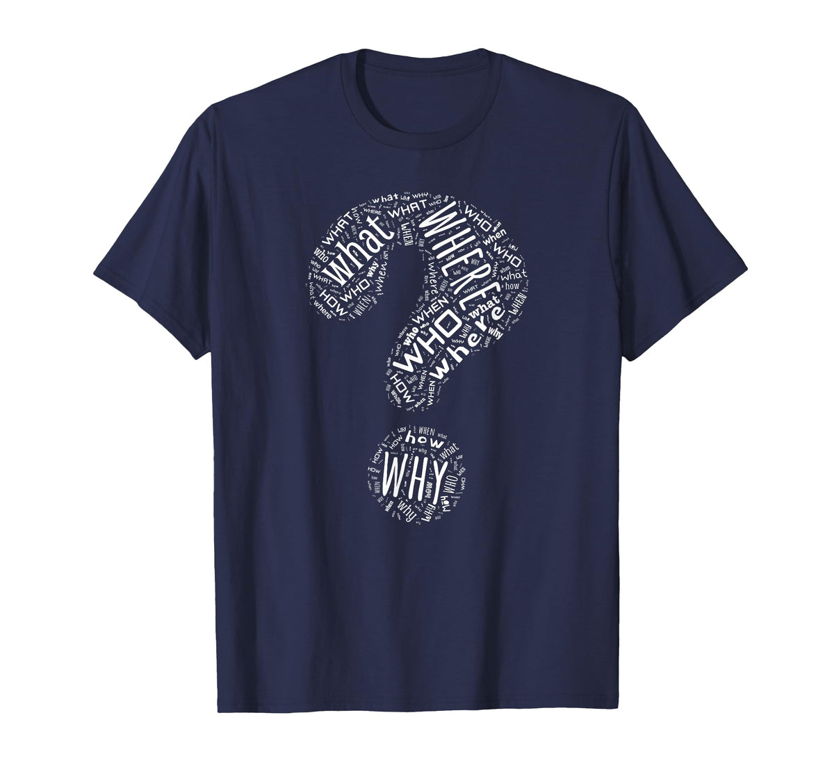 English Writing Questioning Typographic Designs - Black Question Mark Who What Where When Why How Punctuation T-Shirt - Unisex-Adults - Small - Short Sleeve - Modern - Casual - Humor