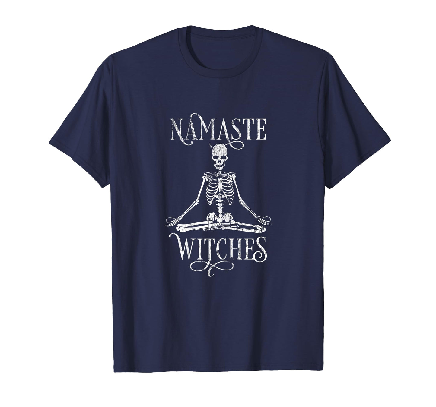 Womens Distressed Halloween Yoga Skeleton Namaste Witches T-Shirt