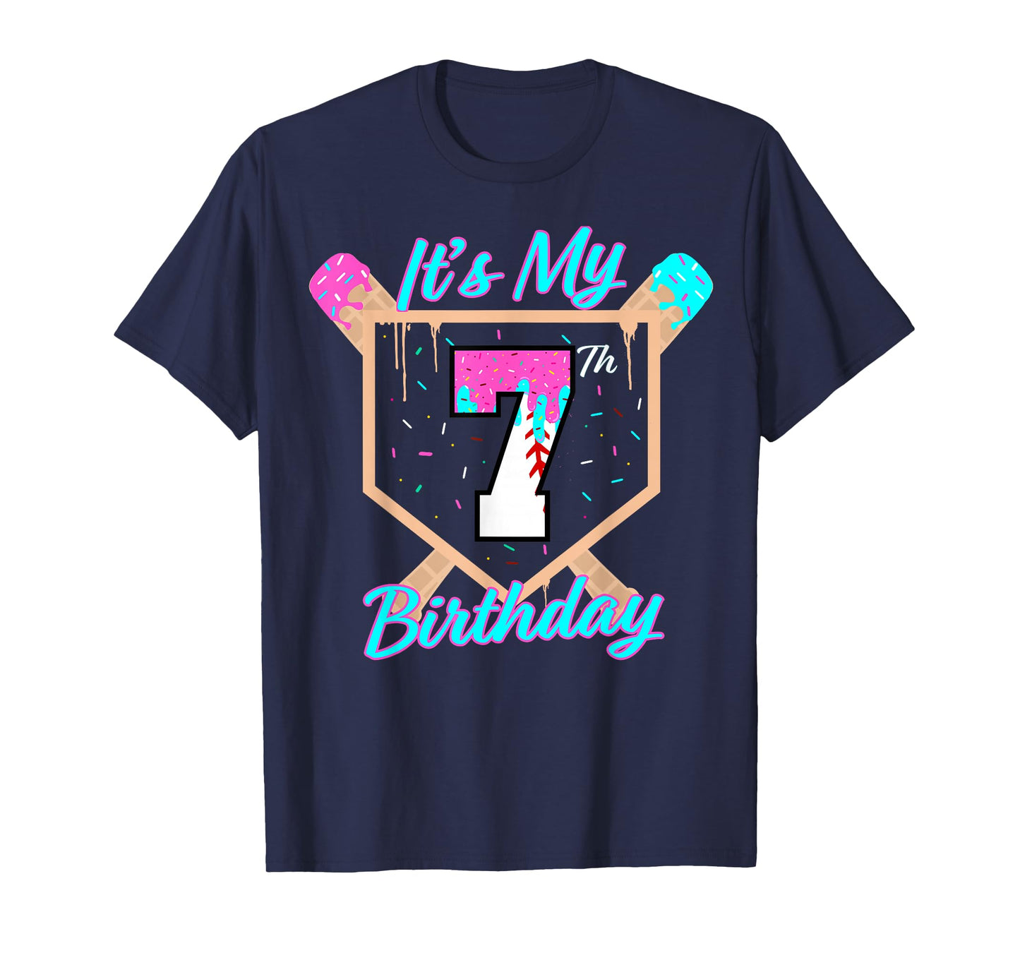 Baseball 7 Year Old Ice Cream Drip 7th Birthday Boy Number 7 T-Shirt