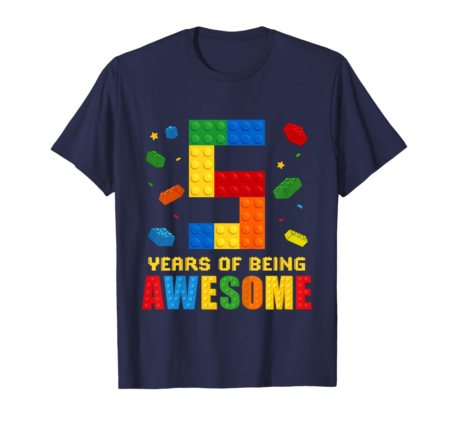 Kids 5 Year Old Birthday Boy Being Awesome Building Bricks 5th T-Shirt