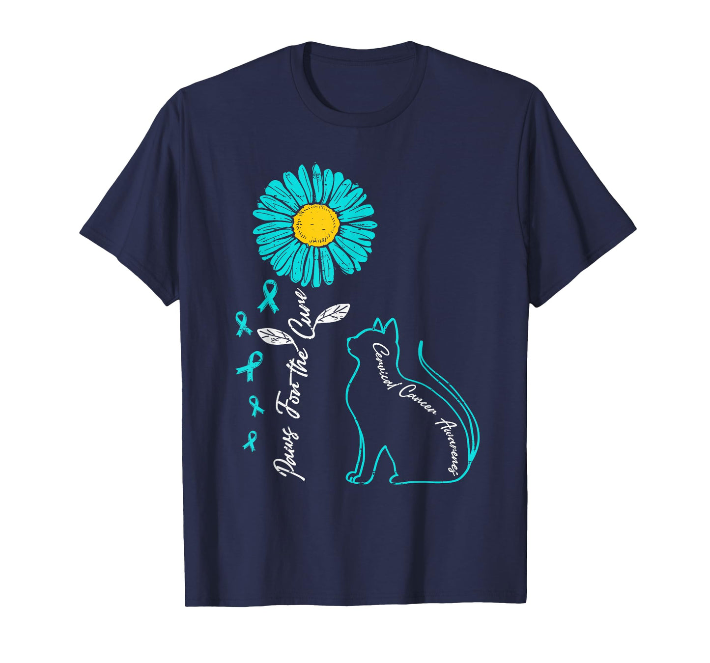 Cervical Cancer Awareness Cat Kitty Ribbon Teal Support T-Shirt
