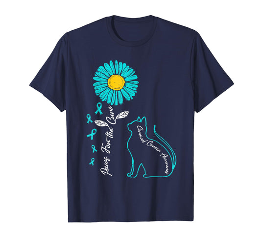 Cervical Cancer Awareness Cat Kitty Ribbon Teal Support T-Shirt