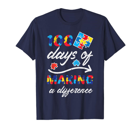 100 Days Making Difference Autism Puzzle 100th Day Teacher T-Shirt