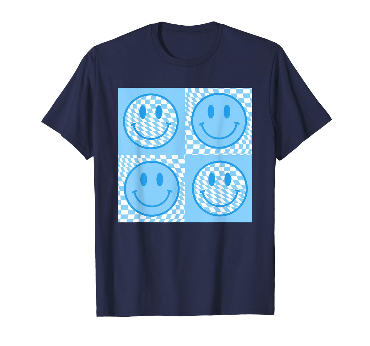 Checkered Pattern Smile Face Meme Blue Happy Face Colorful T-Shirt