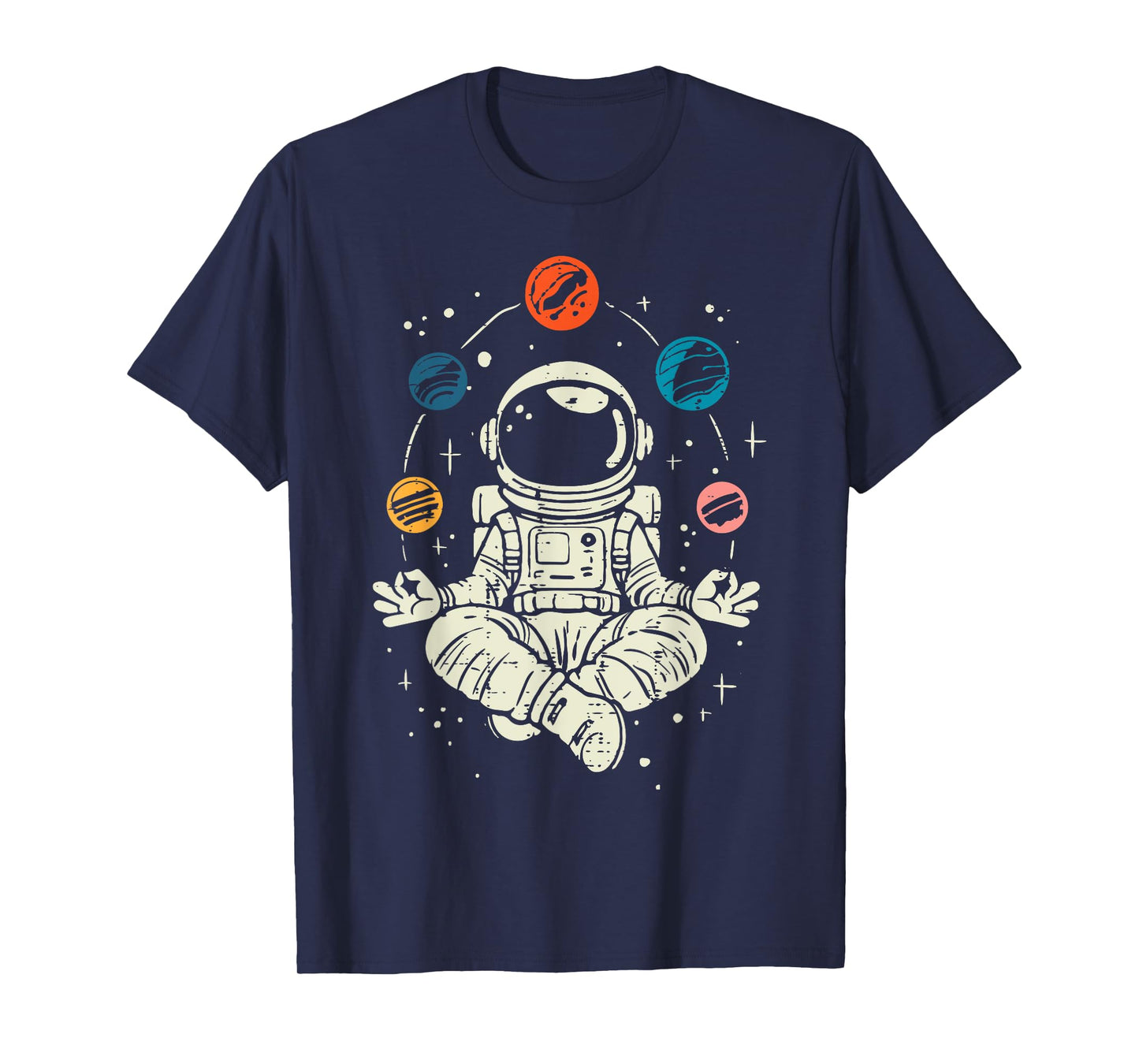 Meditating Astronaut Planets Space Yoga Lotus Kids Men Women T-Shirt