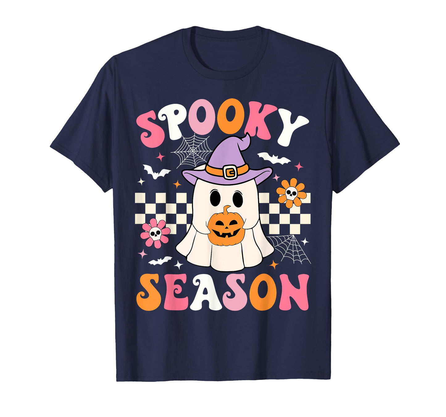 Spooky Season Ghost Holding Pumpkin Groovy Halloween Ghost T-Shirt