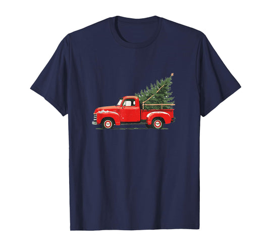Red Vintage Truck with Tree Retro Christmas Style T-Shirt