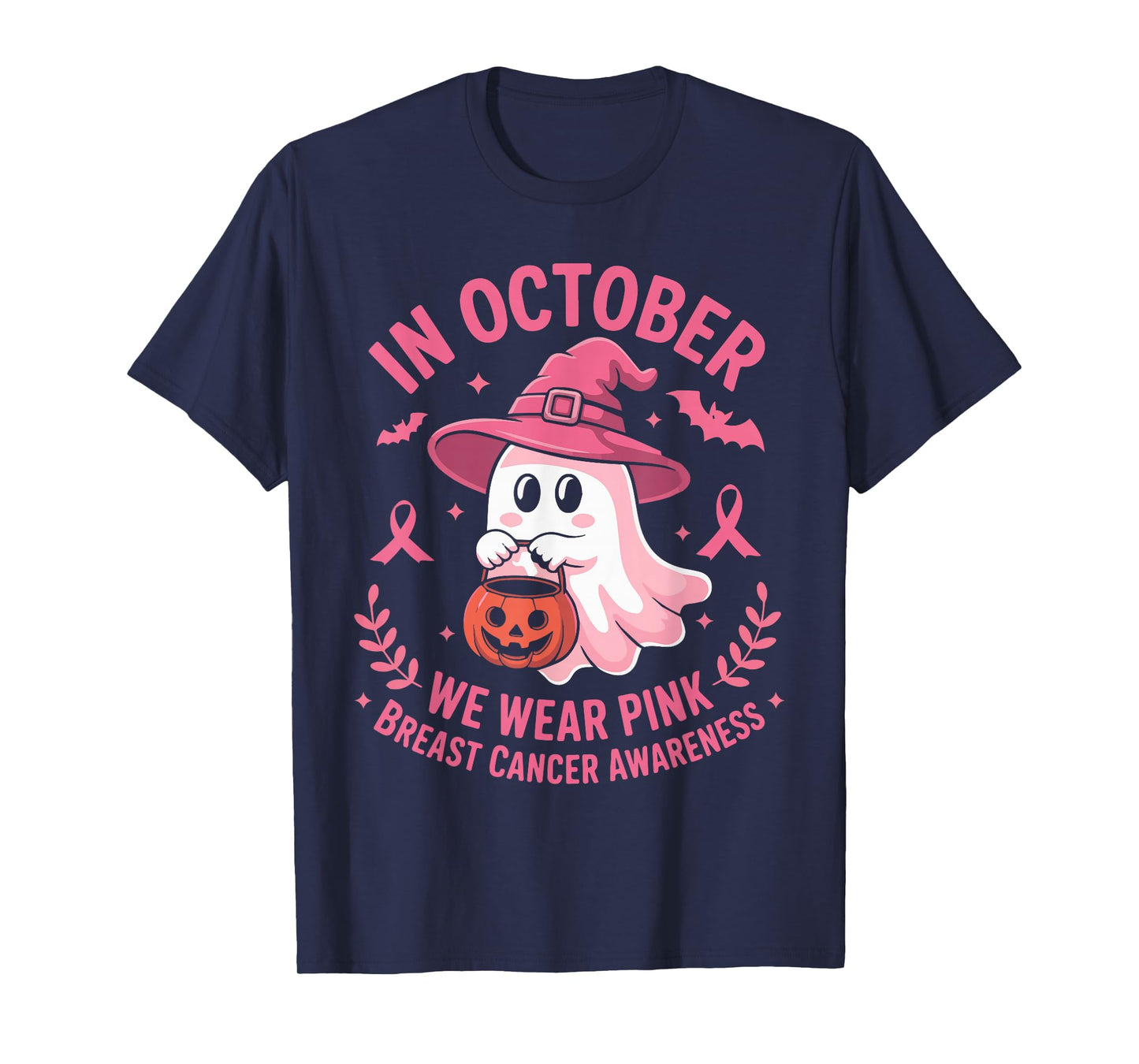 Halloween Ghost in October We Wear Pink Breast Cancer Women T-Shirt