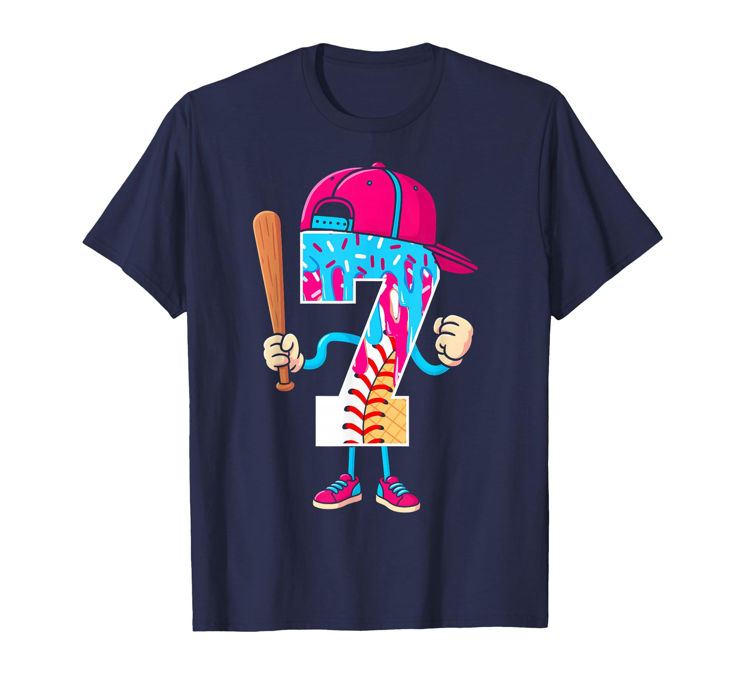Baseball 7 Year Old Ice Cream Drip 7th Birthday Boy Number 7 T-Shirt