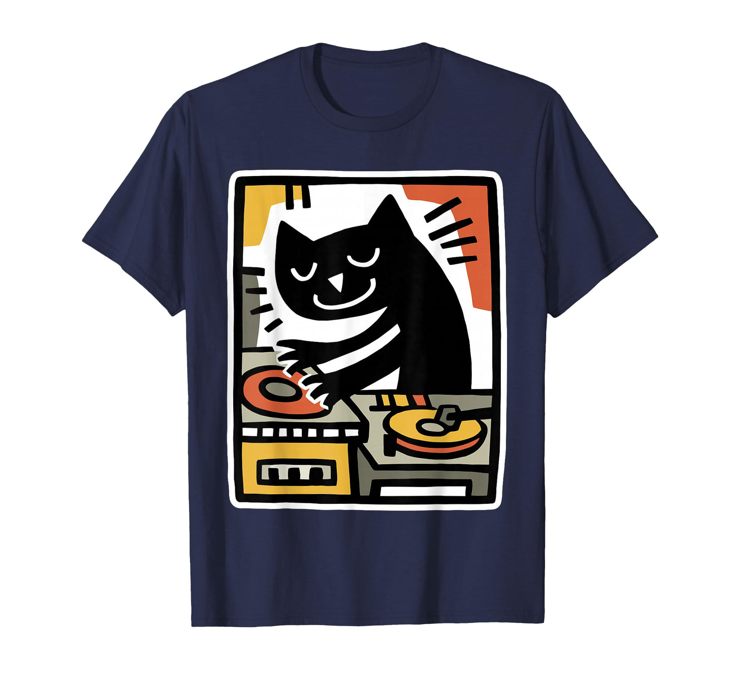 Cool Black Cat DJ Mixing Records Retro Folk Art Illustration T-Shirt