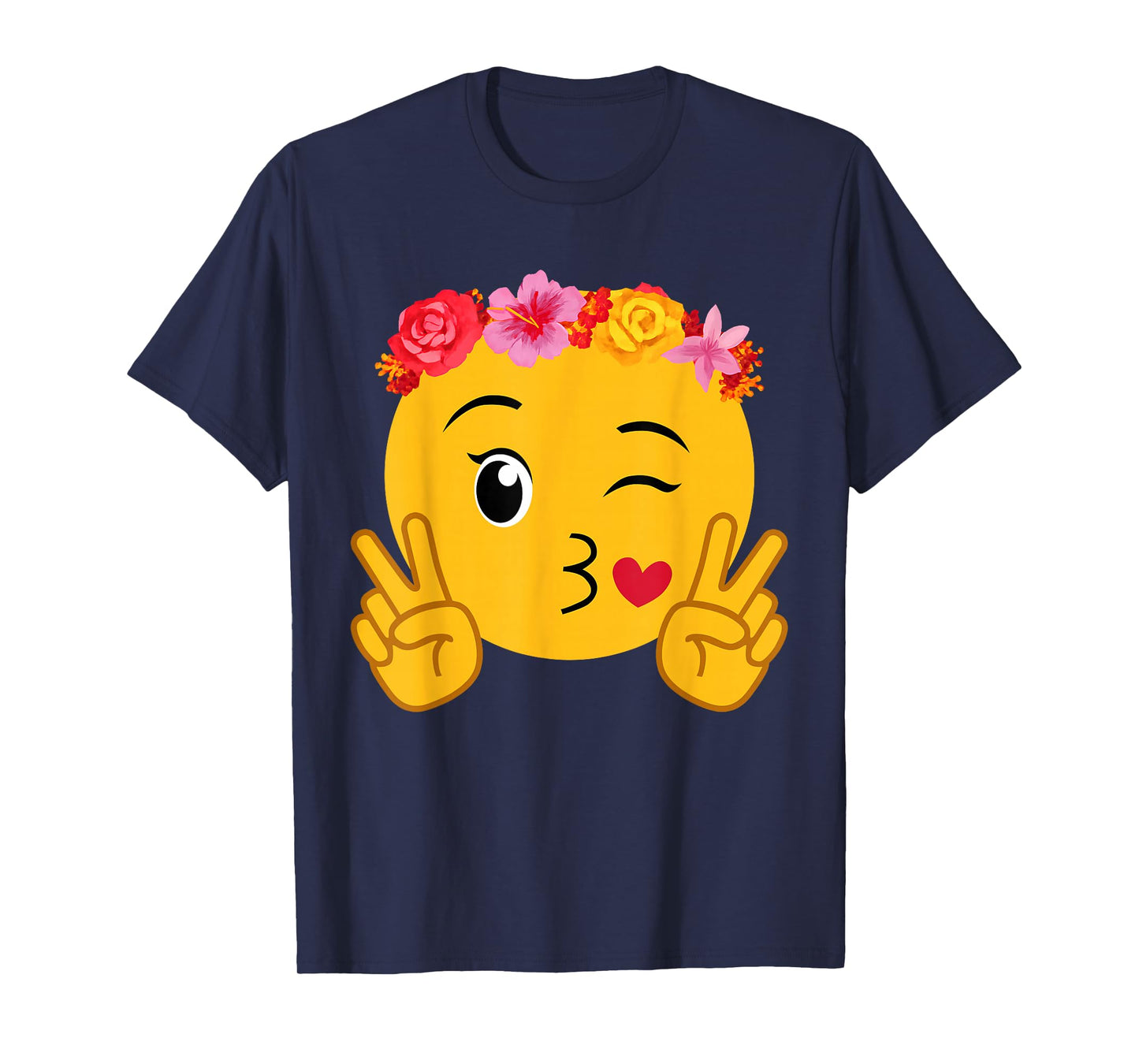 Funny Emoticon Peace Winking Flower Crown Lips Blowing Kiss T-Shirt