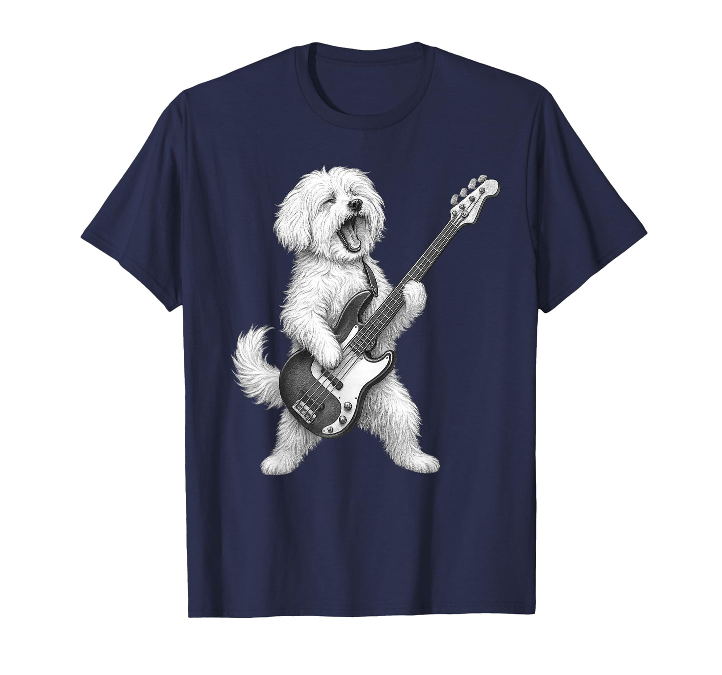 Maltese Dog Playing Bass Guitar Rock Music Dog Lover T-Shirt for Men Women Kids