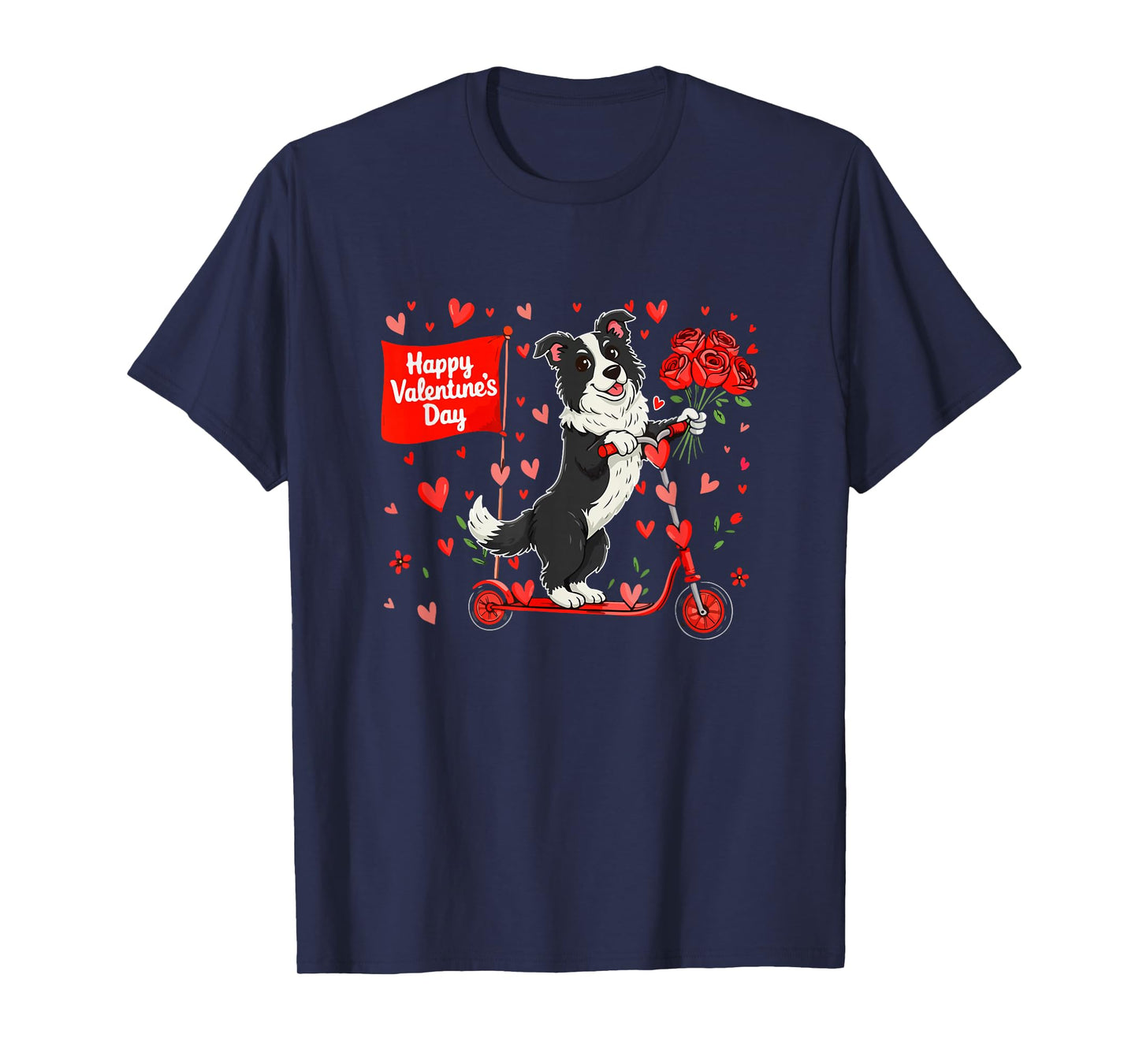 Happy Valentine's Day Border Collie Riding Scoter Floral T-Shirt