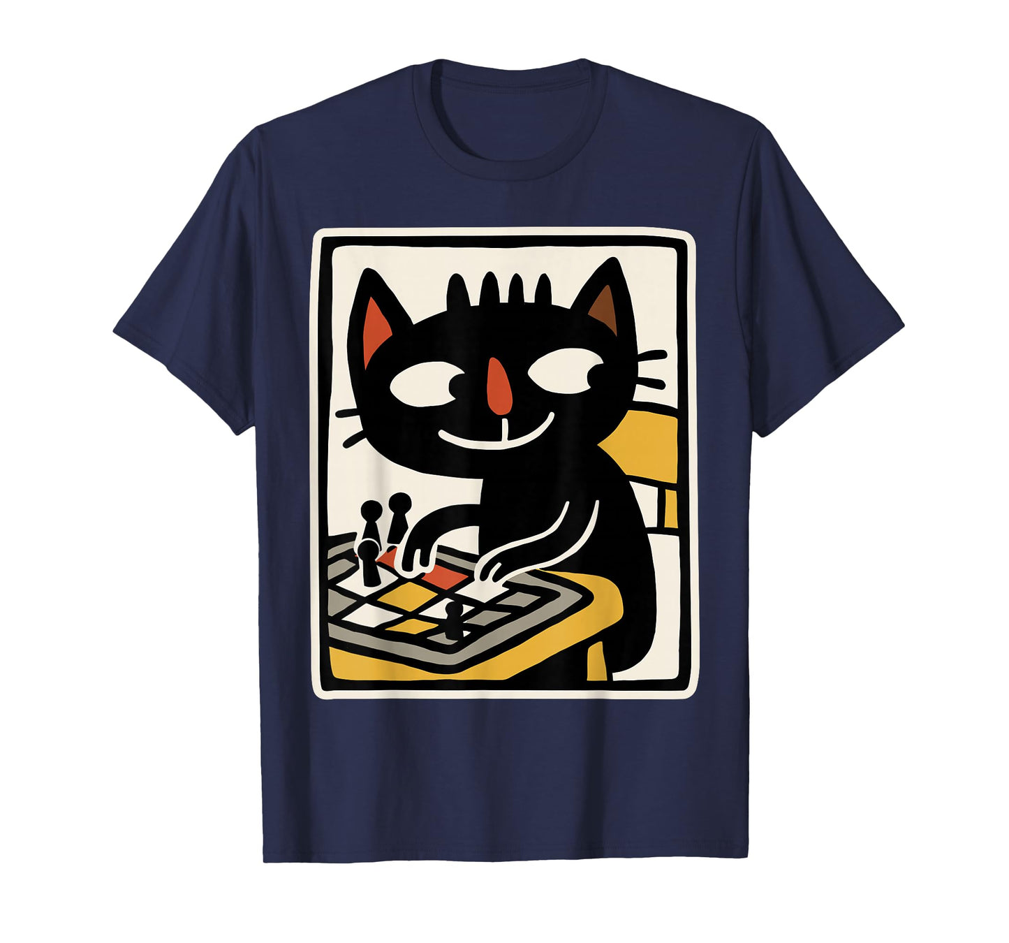 Retro Black Cat Playing Board Game Cute Gamer Art T-Shirt