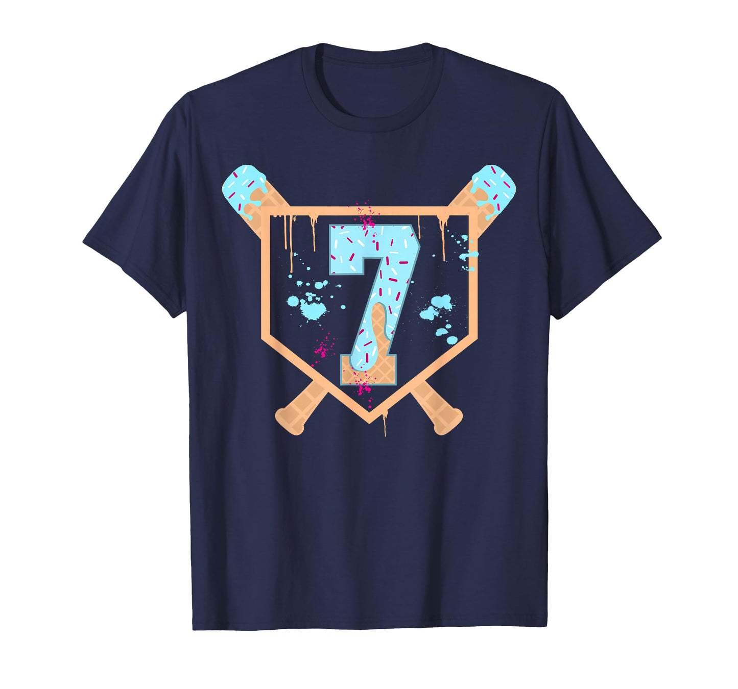 Baseball 7 Year Old Ice Cream Drip 7th Birthday Boy Number 7 T-Shirt