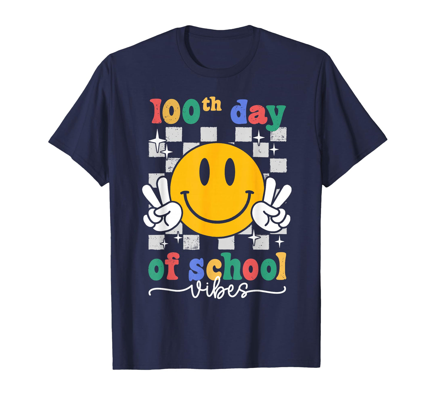 100th Day of School Vibes Checkered Smile Face 100 Days Kids T-Shirt