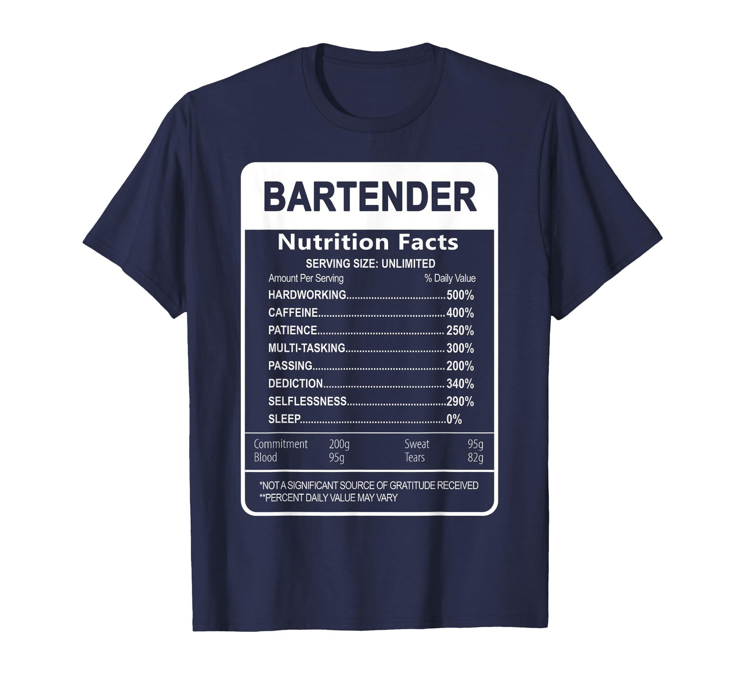 Bartender Nutrition Facts Sarcastic Graphic T-Shirt