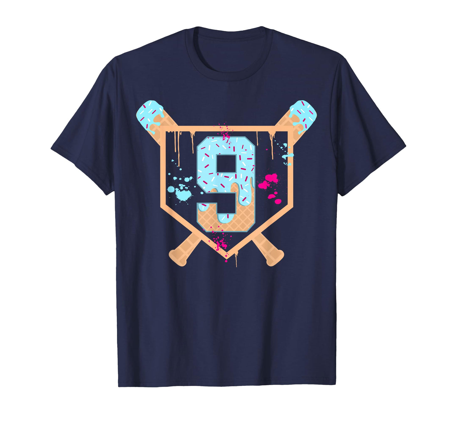 Baseball 9 Year Old Ice Cream Drip 9th Birthday Boy Number 9 T-Shirt