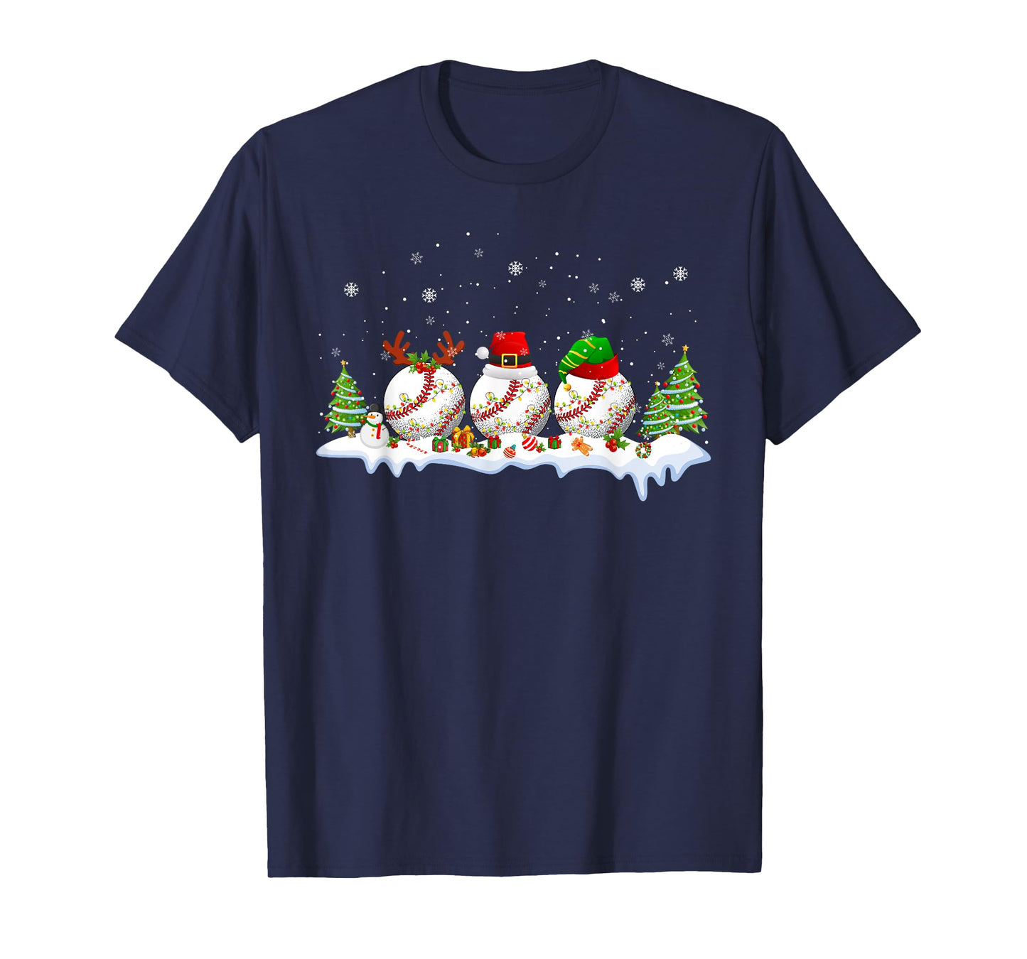 Santa Elf Reindeer Baseball Balls Xmas Tree Lights Christmas T-Shirt