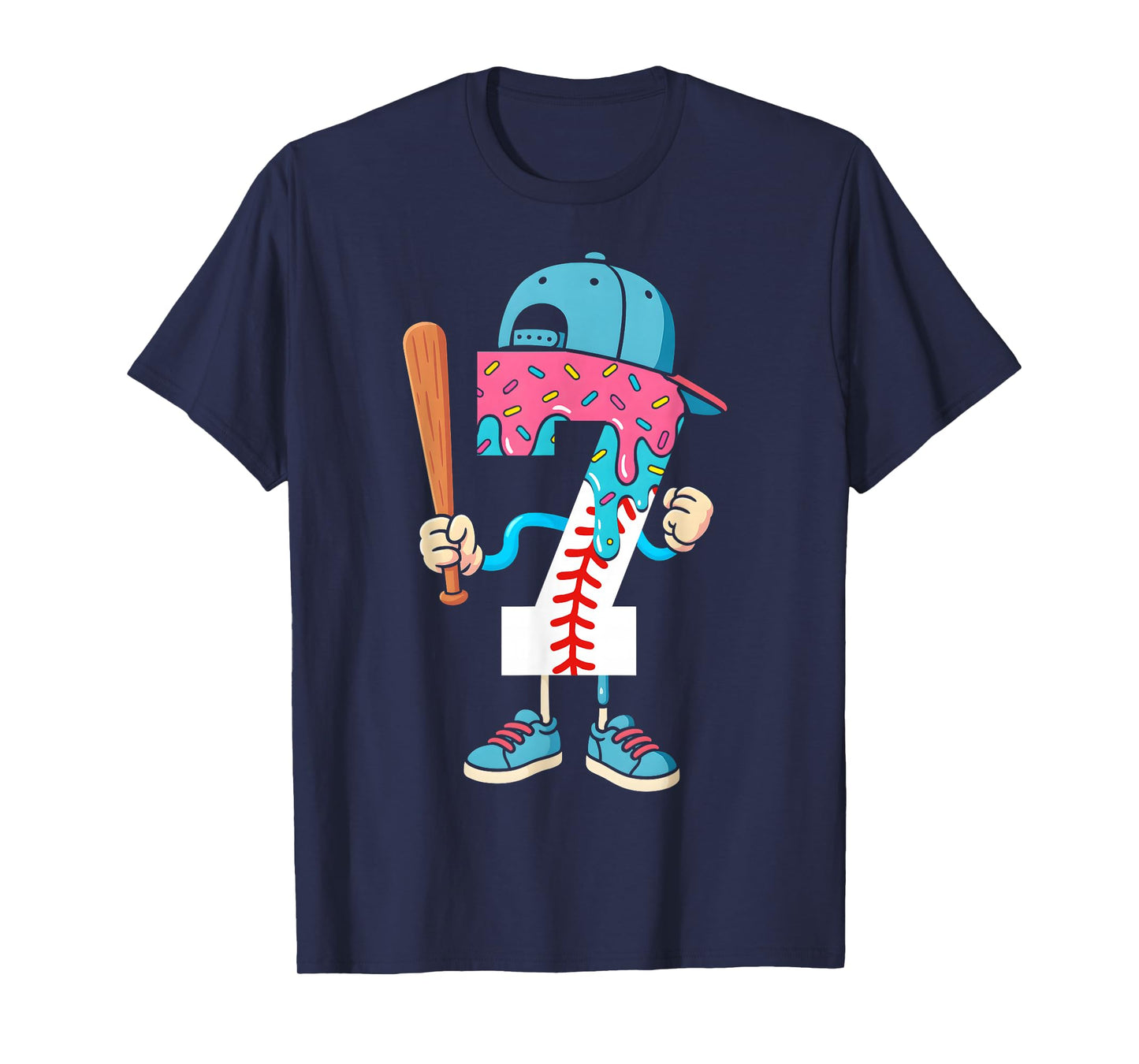 Baseball 7 Year Old Ice Cream Drip 7th Birthday Boy Number 7 T-Shirt