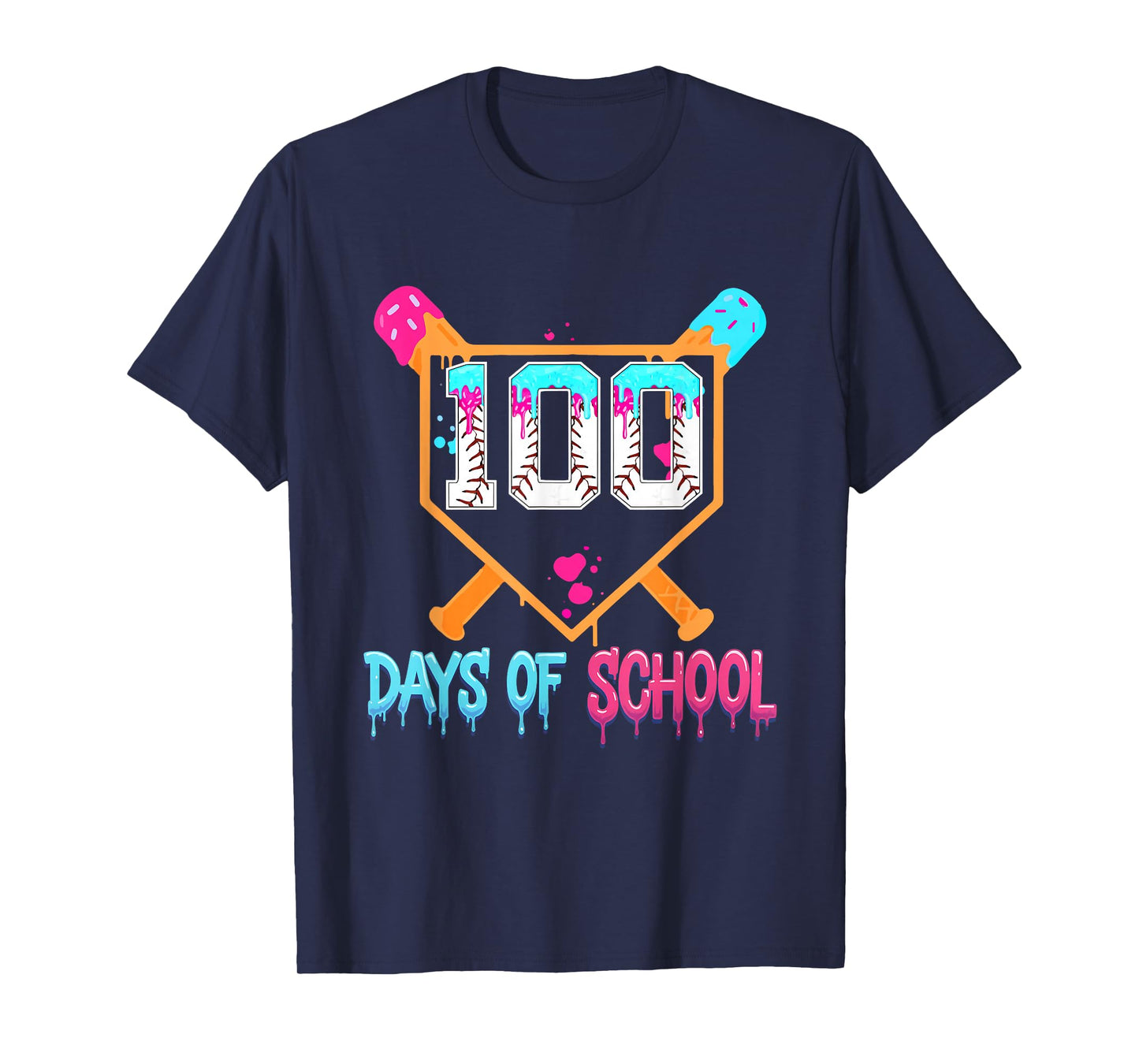 100 Days of School Baseball Ice Cream Drip 100th Day School T-Shirt