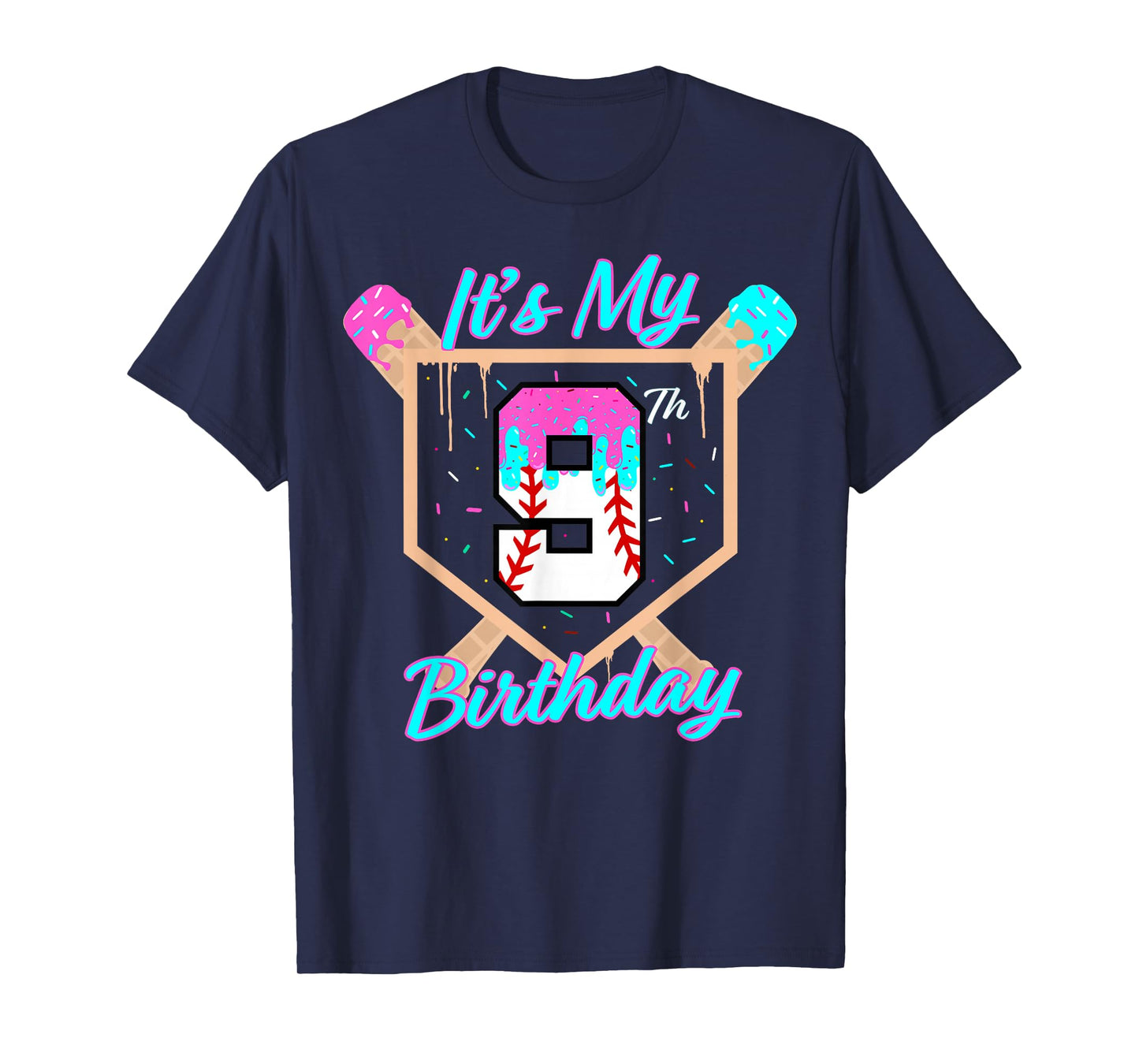 Baseball 9 Year Old Ice Cream Drip 9th Birthday Boy Number 9 T-Shirt