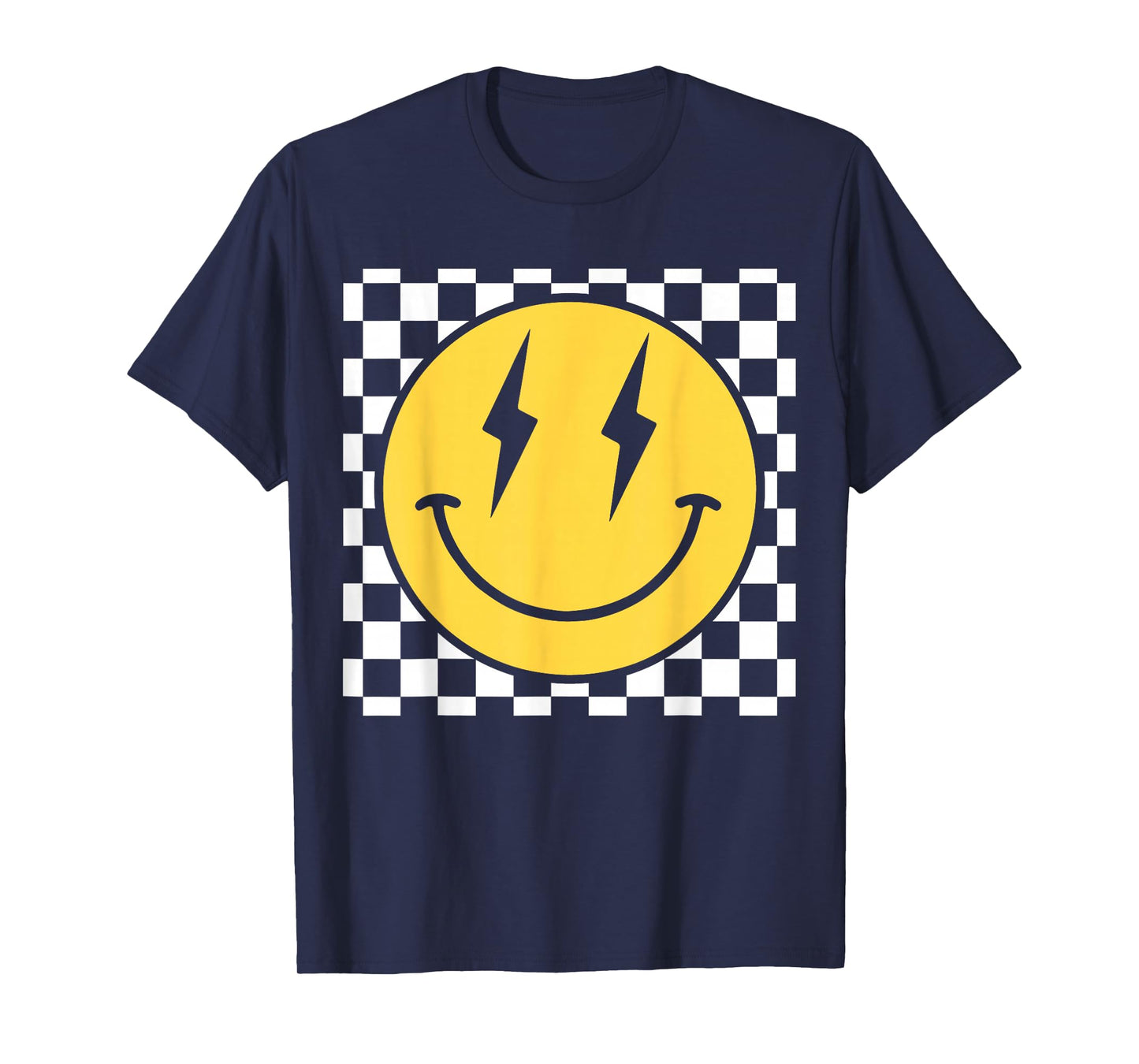 Retro Happy Face Distressed Checkered Pattern Smile Face T-Shirt