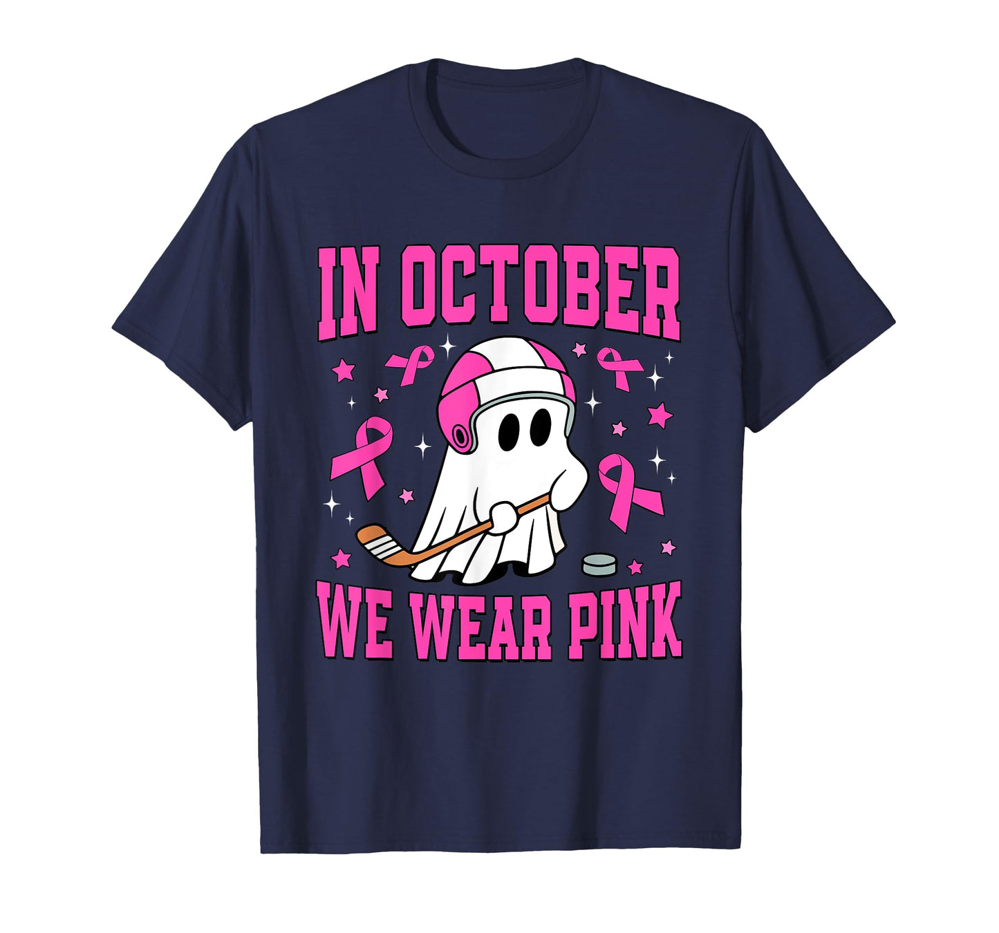 In October We Wear Pink Ghost Hockey Breast Cancer T-Shirt