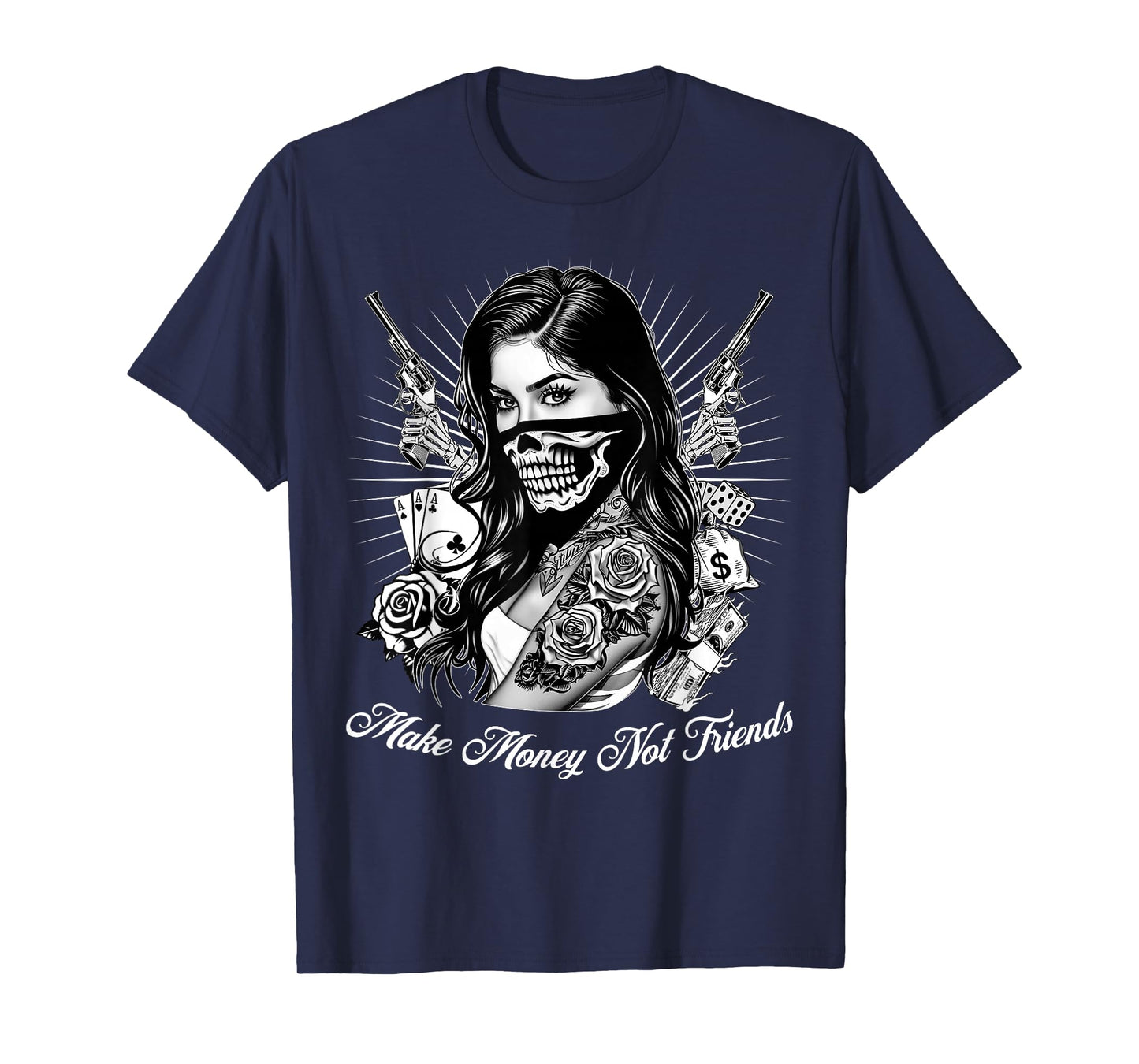 Make Money Not Friends Chicano Gangsta Girl Skull Bandana T-Shirt