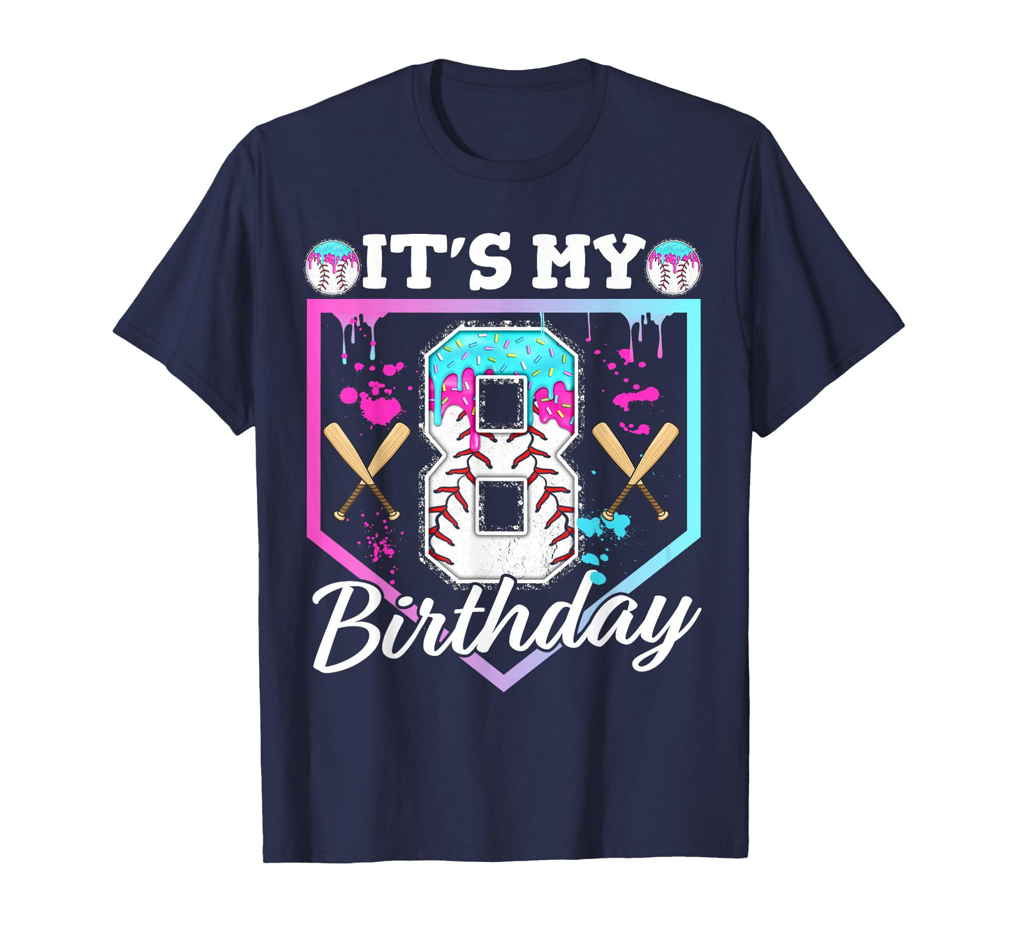 Baseball Drip 8 Year Old Ice Cream 8th Birthday Boy Dripping T-Shirt