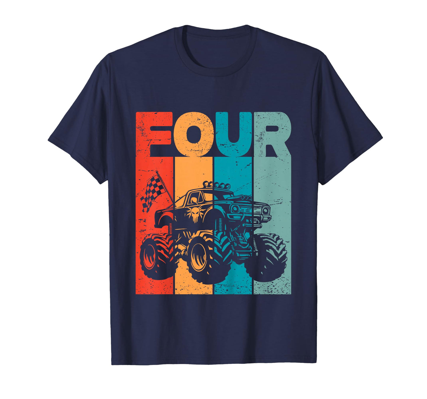 Kids 4th Birthday Monster Truck Four Retro 4 Years Old Bday Boys T-Shirt