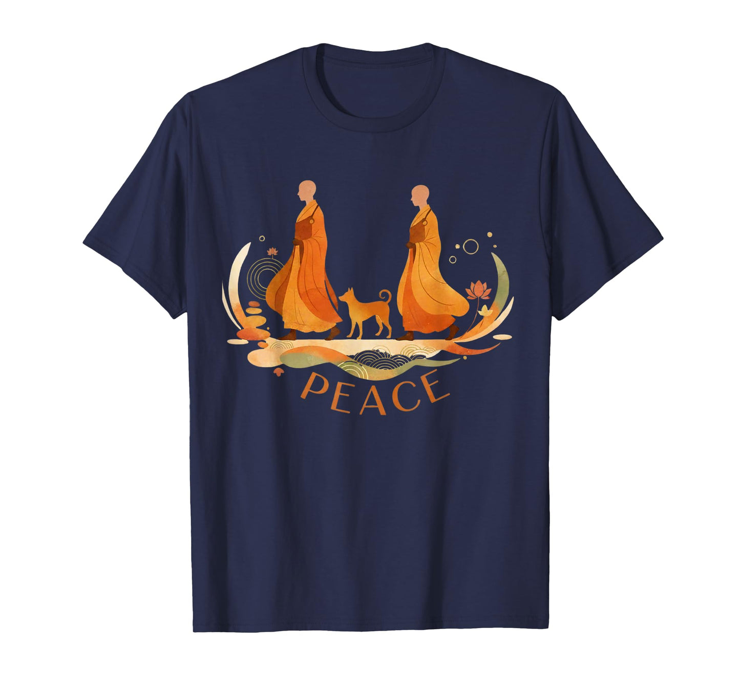 Peace Walking Monks & Dog Minimalist Zen Art T-Shirt