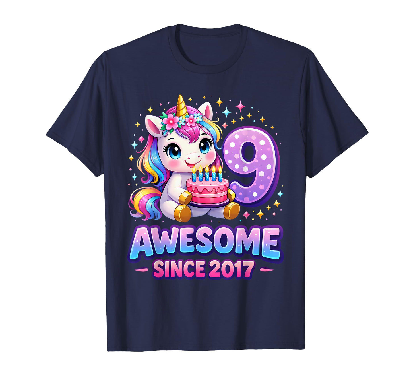9 Year Old Girl Awesome Since 2017 Unicorn 9th Birthday Girl T-Shirt