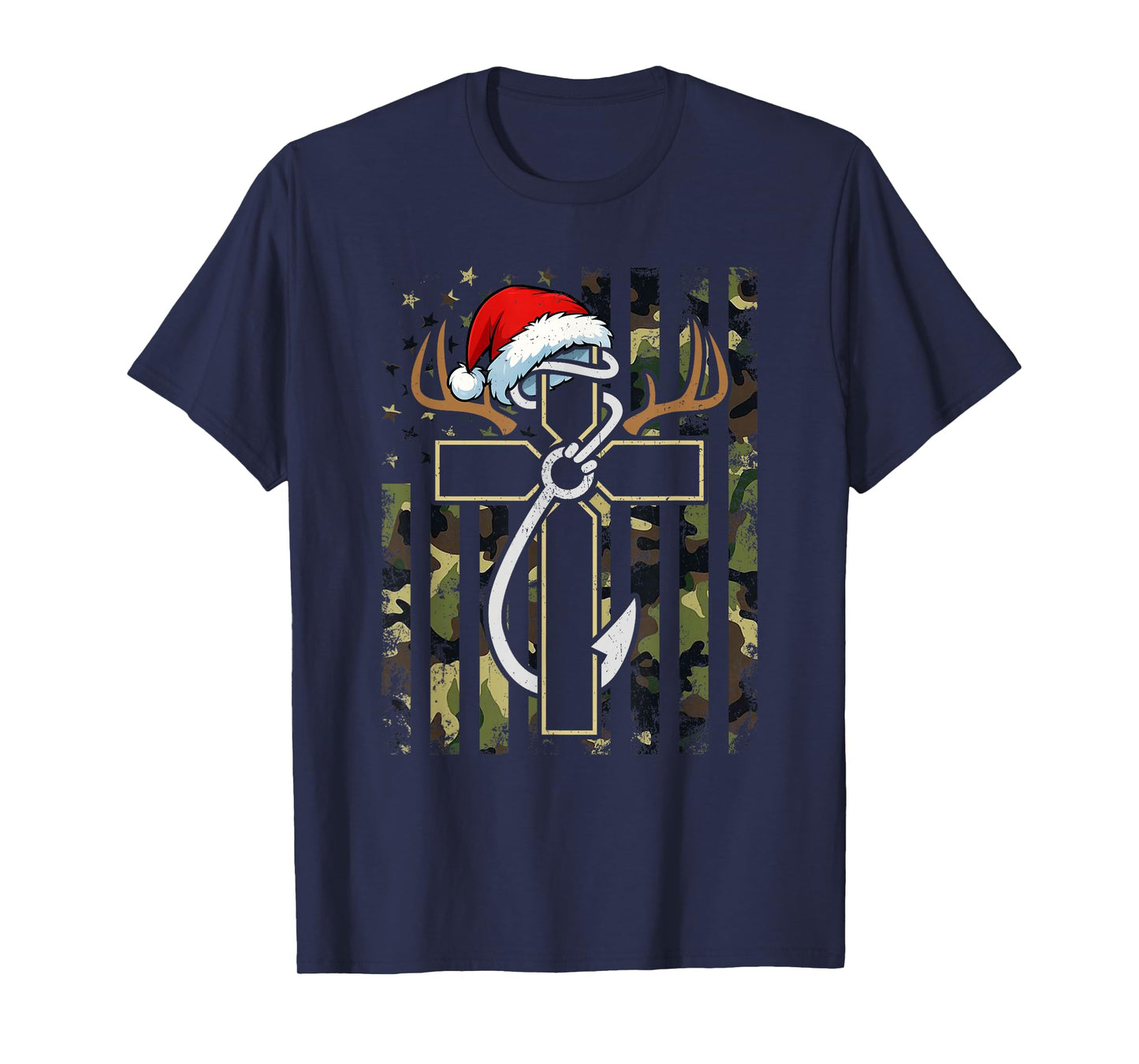 Hunting Fishing Faith Cross Santa Hat Deer Antlers Hook Flag T-Shirt